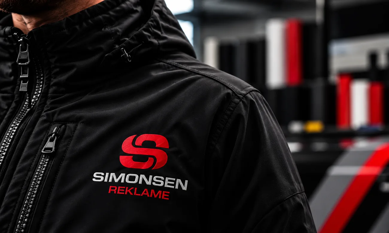 Konseptbilde av svart jakke med Simonsen Reklame-logo